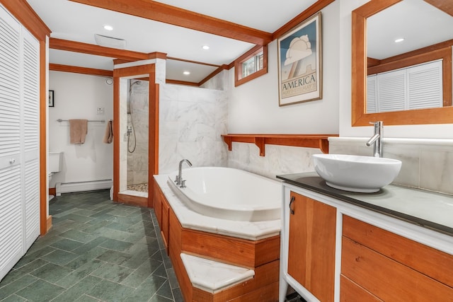 bathroom featuring baseboard heating, vanity, plus walk in shower, and beam ceiling