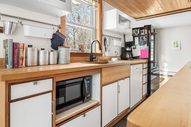 kitchen with sink, white cabinetry, wooden counters, wooden ceiling, and dishwasher