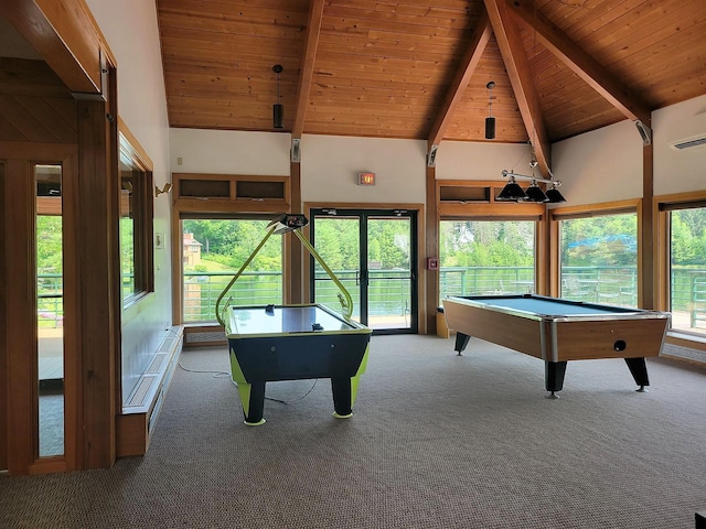 game room with beam ceiling, high vaulted ceiling, wooden ceiling, and carpet flooring