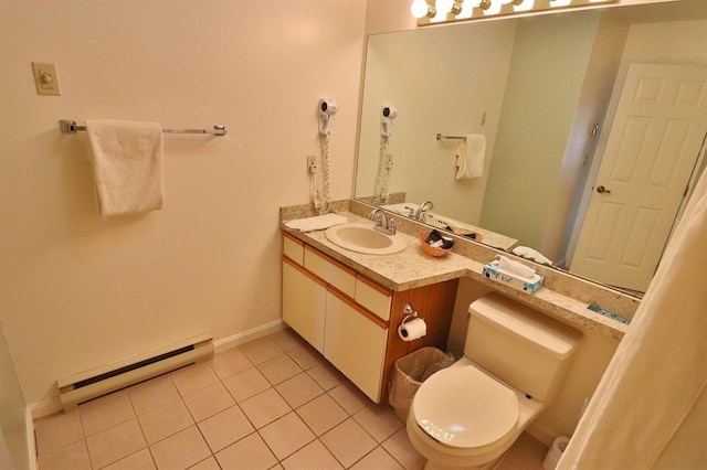 bathroom with tile patterned flooring, vanity, toilet, and baseboard heating