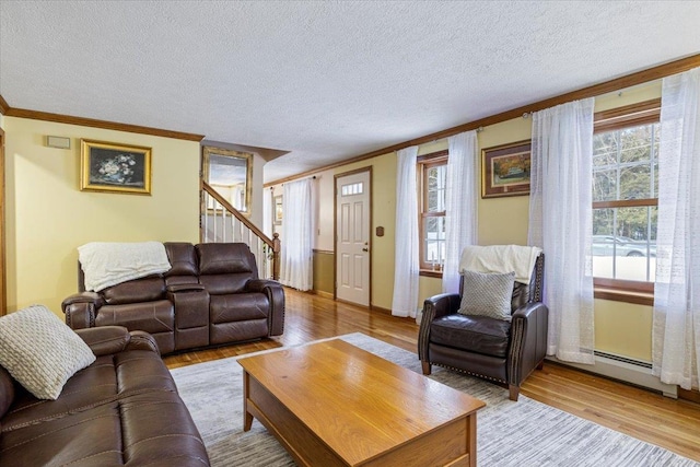 living room featuring light hardwood / wood-style flooring, ornamental molding, and plenty of natural light