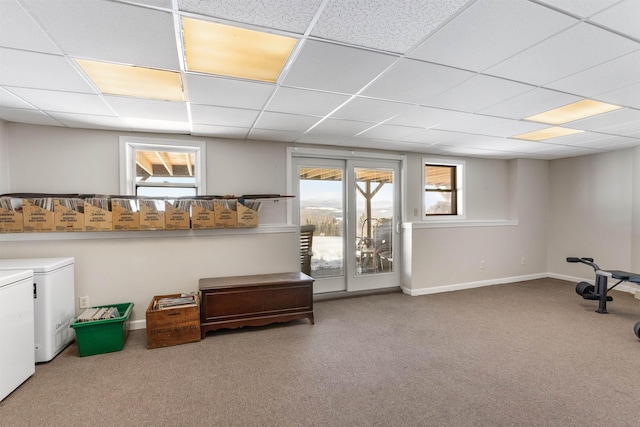 interior space featuring carpet, washer and dryer, and a paneled ceiling