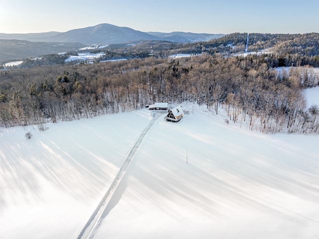 snowy aerial view featuring a mountain view