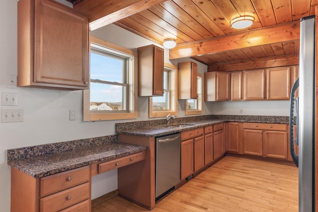 kitchen with sink, beam ceiling, stainless steel appliances, built in desk, and light hardwood / wood-style floors