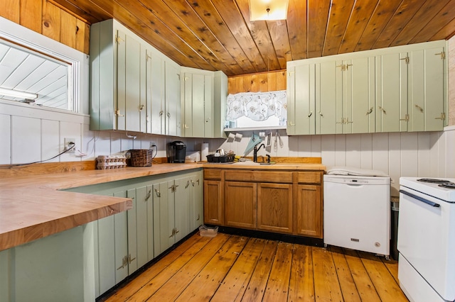 kitchen featuring white appliances, sink, light hardwood / wood-style floors, butcher block countertops, and wood ceiling