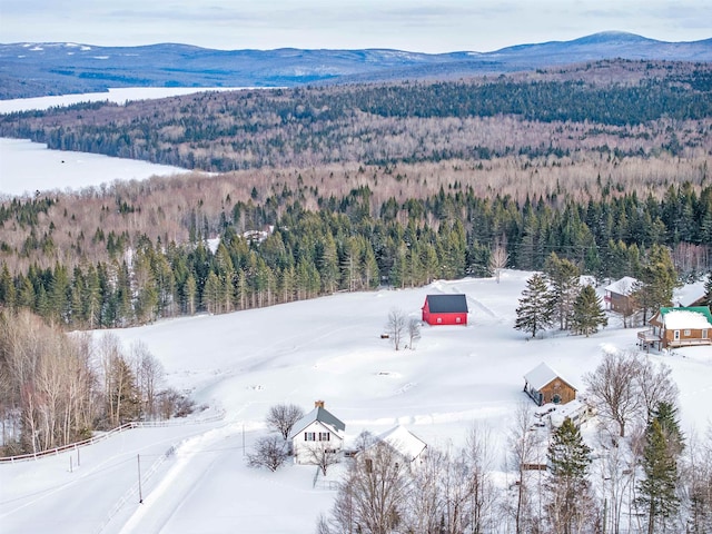 snowy aerial view with a mountain view