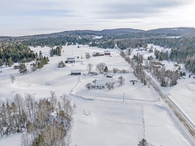 snowy aerial view with a mountain view