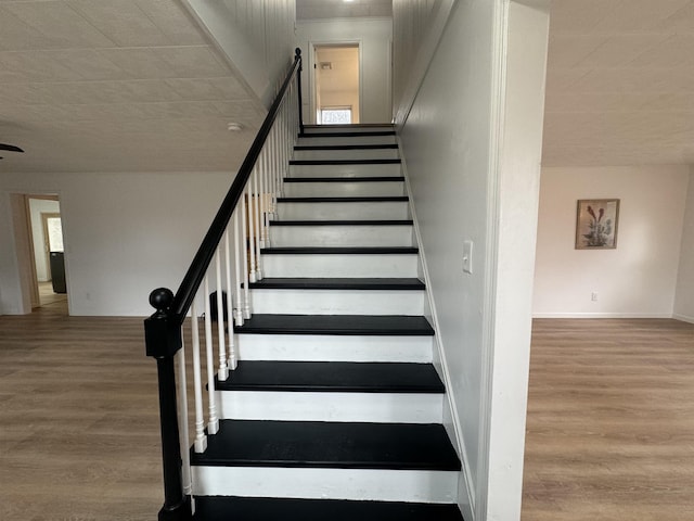 stairway with hardwood / wood-style flooring