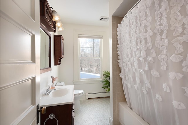 full bathroom featuring a baseboard radiator, toilet, vanity, and shower / bath combo with shower curtain