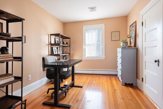 office space with a baseboard heating unit and light hardwood / wood-style flooring