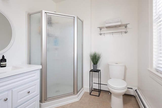 bathroom with baseboard heating, vanity, toilet, and walk in shower