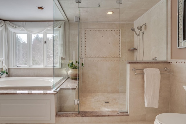 bathroom with toilet and separate shower and tub