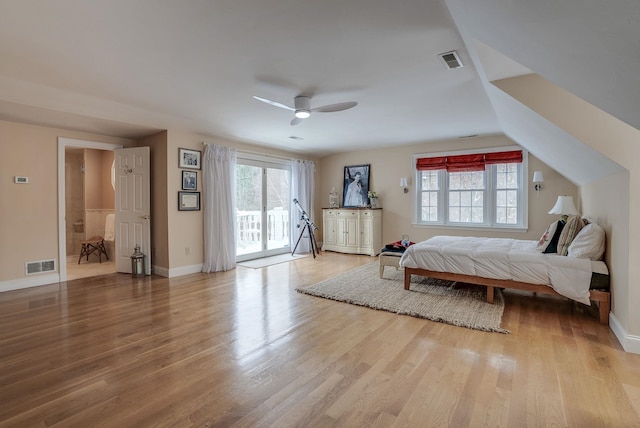 bedroom featuring ceiling fan, access to exterior, and light wood-type flooring