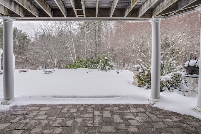 view of snow covered patio