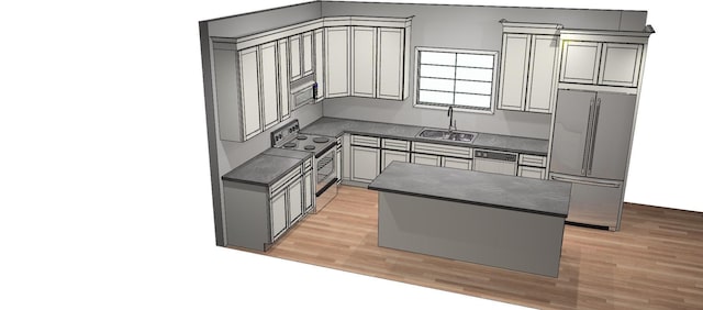 kitchen with gray cabinets, sink, stainless steel appliances, and light hardwood / wood-style floors