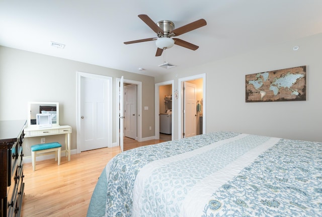 bedroom featuring wood-type flooring and ceiling fan