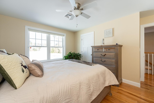 bedroom featuring ceiling fan and light wood-type flooring