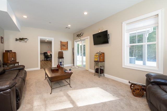 living room featuring light colored carpet