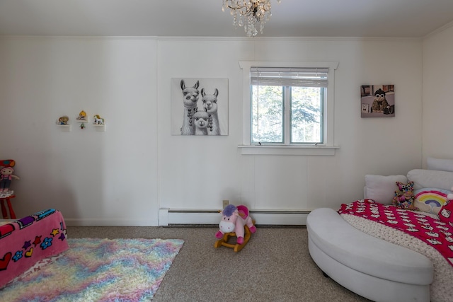 carpeted bedroom featuring a baseboard radiator and ornamental molding