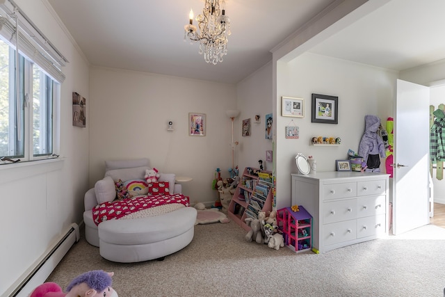 bedroom featuring light carpet, a baseboard heating unit, crown molding, and an inviting chandelier