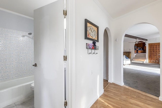 hallway featuring crown molding and light hardwood / wood-style flooring