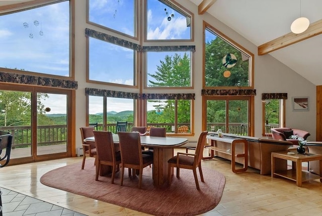 sunroom / solarium with lofted ceiling with beams