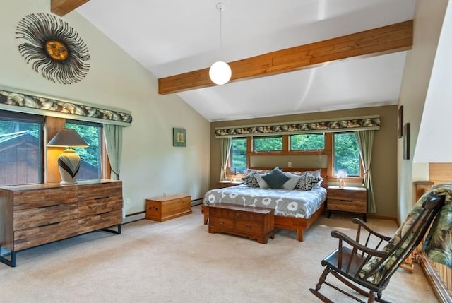 carpeted bedroom featuring beam ceiling, a baseboard radiator, and high vaulted ceiling