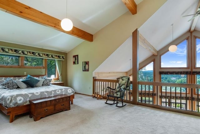 carpeted bedroom featuring beam ceiling and high vaulted ceiling