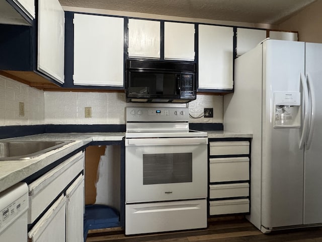 kitchen featuring white appliances, white cabinetry, dark wood-type flooring, and decorative backsplash