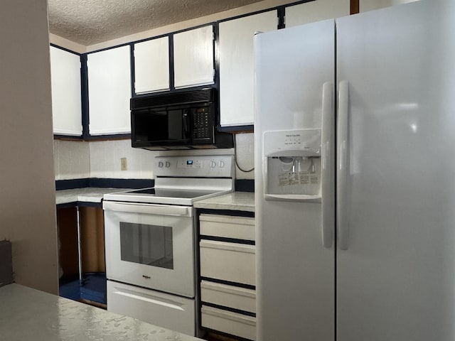 kitchen with white appliances, a textured ceiling, white cabinets, and backsplash