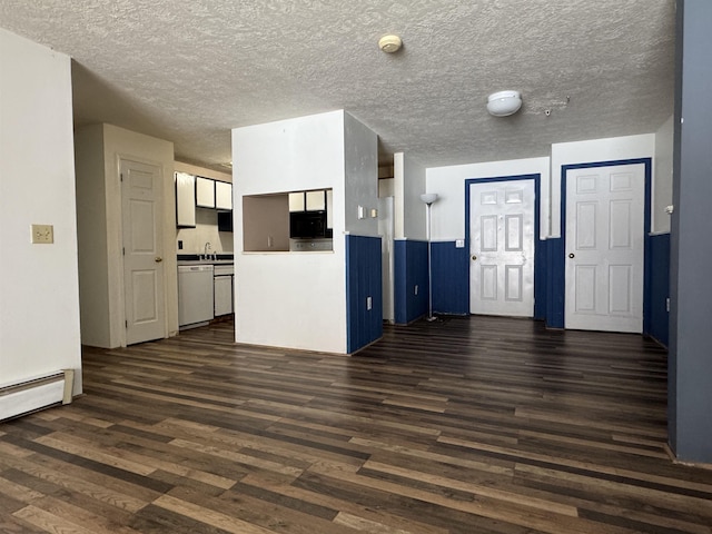 kitchen with white cabinets, a textured ceiling, white dishwasher, and dark hardwood / wood-style floors