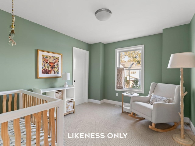 carpeted bedroom featuring a crib