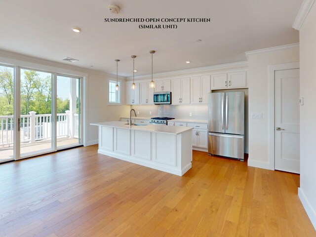 1 Longview Dr Unit 207, Atkinson, NH 03811 - kitchen featuring sink, crown molding, decorative light fixtures, stainless steel appliances, and white cabinets