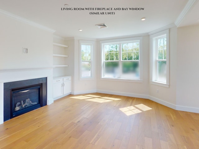 unfurnished living room with crown molding, built in features, and light hardwood / wood-style floors