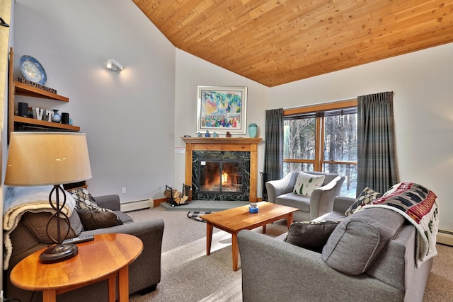 carpeted living room featuring a baseboard radiator, high vaulted ceiling, a high end fireplace, and wood ceiling