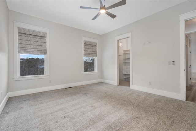 unfurnished bedroom with a walk in closet, a closet, carpet flooring, and baseboards