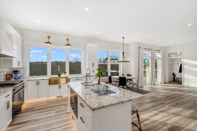 kitchen with light wood finished floors, light stone countertops, a sink, a center island, and double oven range