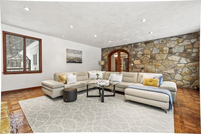 living room featuring light parquet flooring