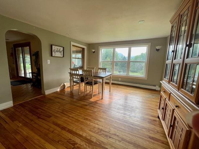 dining room with a baseboard radiator, a wealth of natural light, and light wood-type flooring