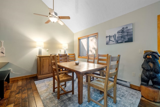 dining space with ceiling fan, lofted ceiling, and dark hardwood / wood-style floors