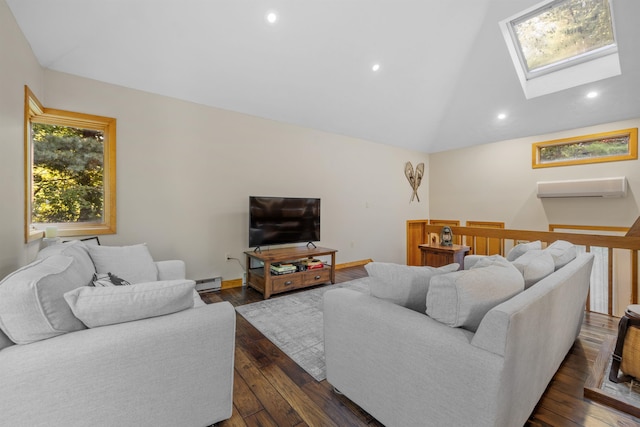 living room with dark wood-type flooring, vaulted ceiling with skylight, and baseboard heating