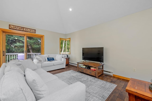 living room with vaulted ceiling, dark hardwood / wood-style floors, and baseboard heating