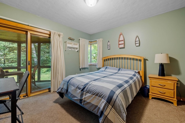 bedroom with carpet, access to exterior, and a textured ceiling