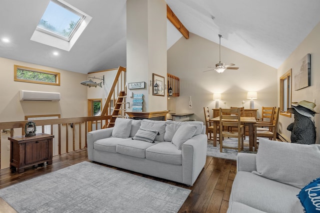 living room featuring dark wood-type flooring, ceiling fan, beam ceiling, high vaulted ceiling, and a wall mounted air conditioner