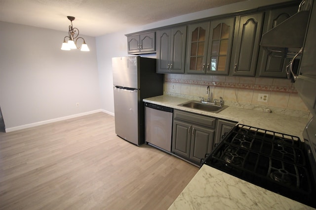 kitchen featuring pendant lighting, sink, appliances with stainless steel finishes, decorative backsplash, and light wood-type flooring