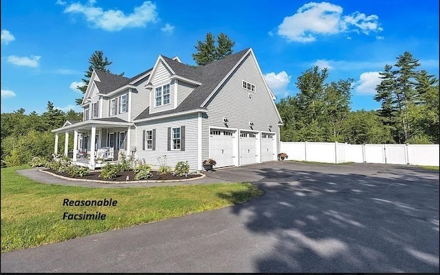 view of side of property with a garage, covered porch, and a lawn