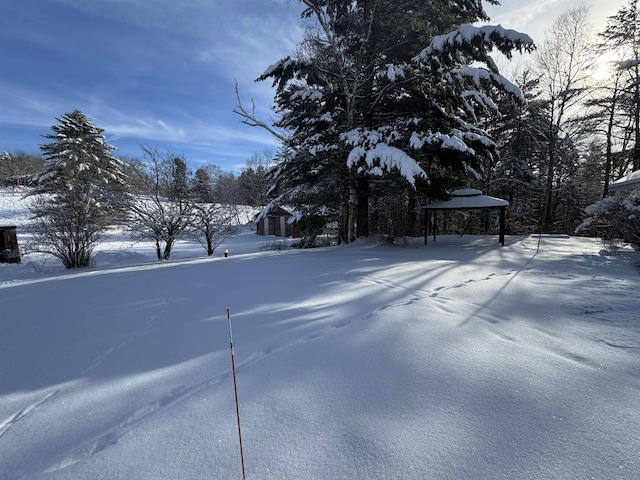 yard layered in snow with a gazebo