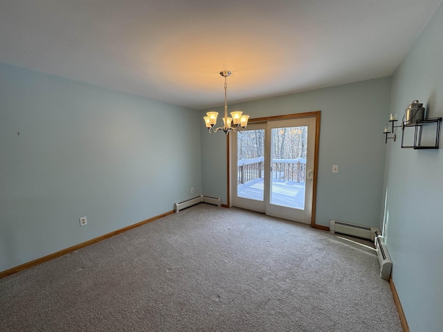 unfurnished room featuring carpet floors, a notable chandelier, and baseboard heating