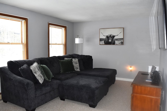 living room featuring plenty of natural light and light carpet