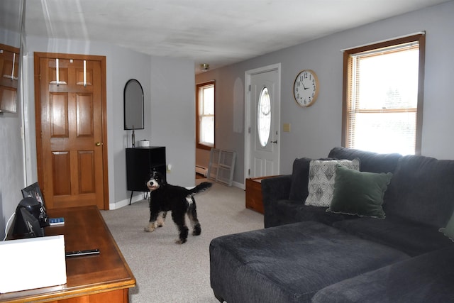 living room with a baseboard radiator, a healthy amount of sunlight, and light colored carpet